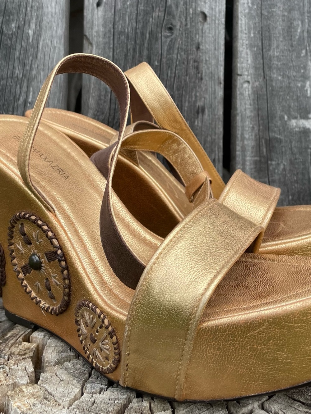 BCBG Gold Leather Metallic Wedge Sandals with Decorative Medallions